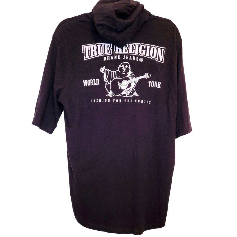 True Religion black short sleeved Buddah hooded tshirt size medium Y2K